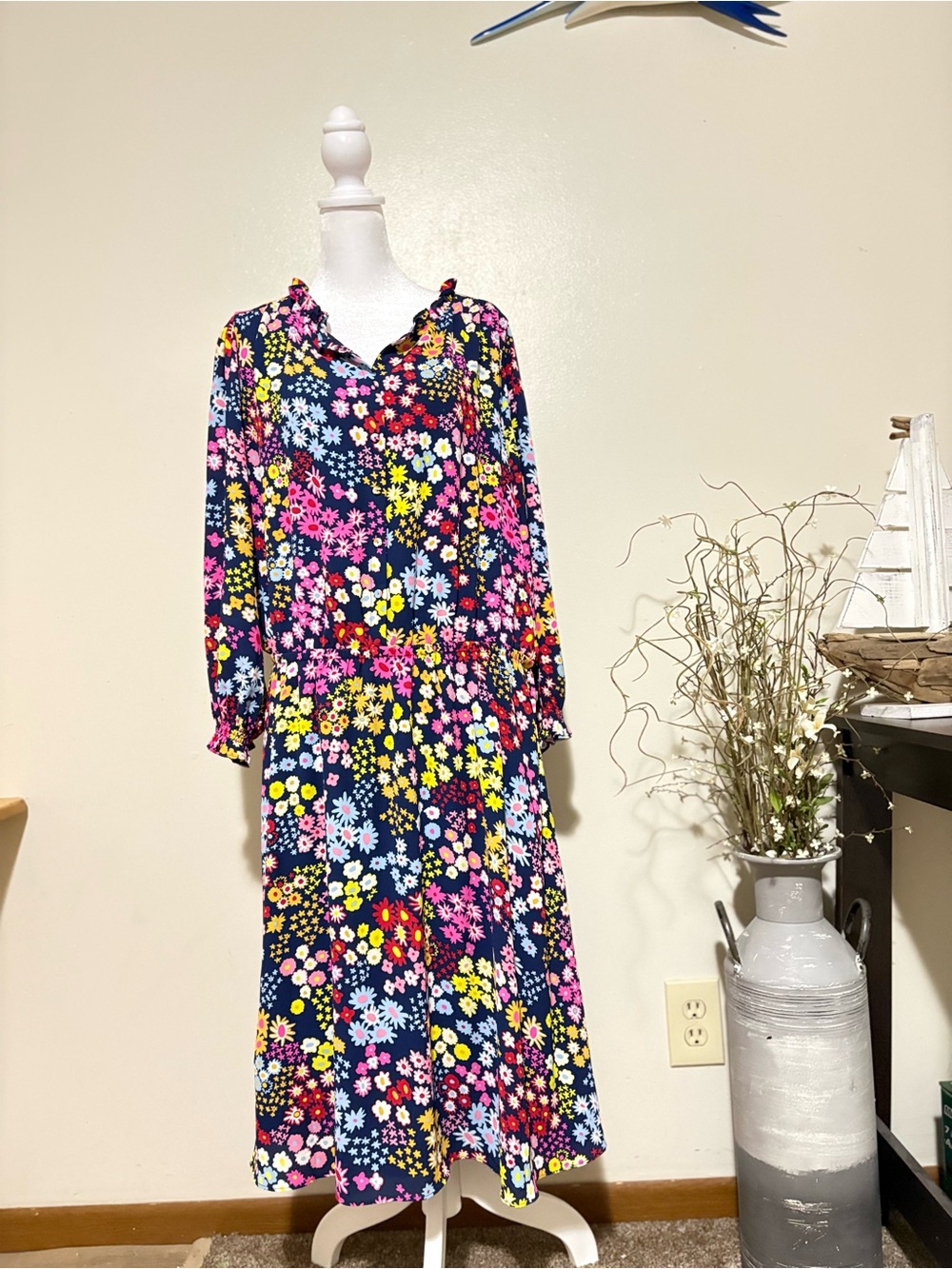 Talbots Navy High-Low Floral Midi Dress